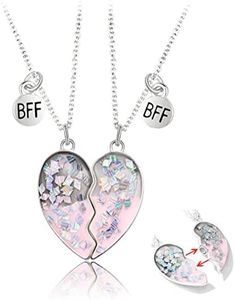 Magnetic Friendship Necklaces for 2 Girls Friends Christmas Birthday Gifts for Girls Silver Sequins Matching Heart BFF Necklace for 2 Bestie Gifts for Teen Girls