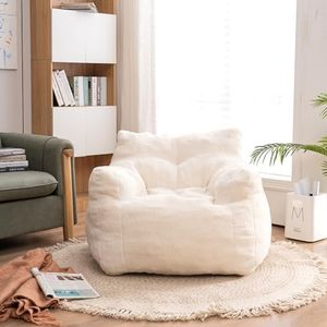 INMOZATA 3FT Bean Bag Chair for Adult Teens Kids(with Filler) Furniture Giant Soft Fluffy Teddy Fabric Lazy Sofa Chair Bean Bag Lounger Accent Chair for Living Room Bedroom Dorm Room (Ivory)