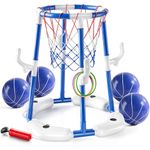 Pool Basketball Hoop,2-in-1 Floating Basketball Pool Games with 4 Balls/12 Rings/Pump,Swimmming Pool Toys for Kids Adults Age 3-12,Summer Family Party Indoor Outdoor Water Play Toys,Blue