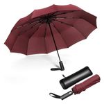 JIGUOOR 12 Ribs Folding Umbrella Windproof Compact Travel,Auto Open/Close Large Rain Umbrellas w/Polyester Coating, Ergonomic Handle FREE Leather Case for Mens Women