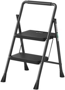 2 Step Ladder, RIKADE Folding Step Stool, Step Stool with Wide Anti-Slip Pedal, Lightweight, Portable Folding Step Ladder with Handgrip, Multi-use Steel Ladder for Household and Office