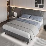 BTM 5FT Upholstered Bed, King Size Bed,150 * 200cm Kingsize Bed with Body-sensing LED Light at Bedside, Grey King Bed Frame with Headboard, LED Bed, Velvet Bed Frame, No Mattress