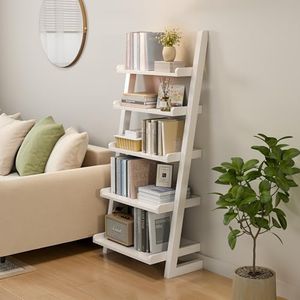 AQIMUELE Wooden Ladder Shelf, Ladder Bookshelf, Short Ladder Shelf with Stable Structure, Leaning Bookshelf Ladder for Living Room, Bedroom, Home Office, 55.1" H (White)