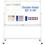 CALENBO Large Rolling White Boards on Wheels 60 X 48 Magnetic Dry Erase Board with Stand, Double-Sided Mobile Whiteboard with Stands, 5' x 4' White Board with Eraser & Marker & Magnet & Calendar