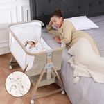 Jestonten Baby Bassinet, Basinet Bedside Sleeper with Waterproof Bassinet Sheets and Soft Mattress, Safe Adjustable Height Bedside Bassinets with Wheels, Girl/Boy Bassinets, Khaki