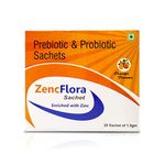 CureZen ZencFlora Prebiotic and Probiotic Sachets | Enriched with Zinc | Intestine Immunity and Healthy Gut | Tasty Orange Flavor | 20 Powder Sachets per Box