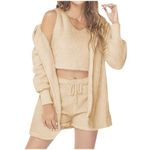 AMhomely Women's Fuzzy 3 Piece Outfits Fleece Warm Hooded Cardigan Sexy Crop Top Shorts Pajamas Set Soft Comfy Loungewear Sets Matching Pajamas Sets Matching Pajamas Nightgowns Sets