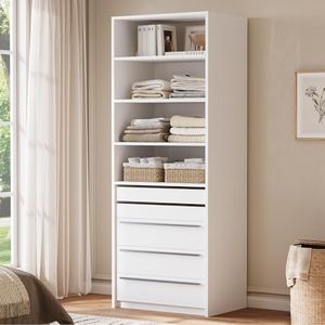 SUCSSRICH Modular Closet System, Closet Organizer System with 4 Shelves and 5 Drawers, Walk-in Wardrobe Standing Closet System, White
