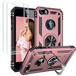 Jeylly iPhone SE Case, iPhone 5S Cover with Tempered Glass Screen Protector Rotate Ring Stand Holder Military Grade Shockproof Protective Cover Case for iPhone 5/5s/SE 2016, Rose Gold/Black