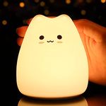 Tremdwoto Cat Night Light Lamp, Cute Nursery 7 Color Changing Kids With Tap Control, Battery Powered Squishy Silicone Soft Animal Nightlight Gifts For Women Baby Girls Boys Children Toddler, Led