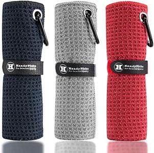 Handy Picks Microfiber Golf Towel (16" X 16") with Carabiner Clip, Waffle Pattern Hook and Loop Fastener - The Convenient Golf Cleaning Towel Black/Grey/Red