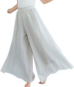 Flygo Women's Pull-On Elastic Waist Wide Leg Linen Pant Palazzo Pants Culottes (Length - 95CM, Beige)