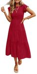 Coloody Women's 2024 Summer Casual Midi Dress Boho Flutter Sleeve Crew Neck Smocked Elastic Waist Tiered A-Line Long Beach Dress(Plum, XL)