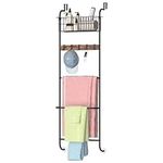 Over The Door Towel Rack for Bathroom 5-Tier Back of Door Bath Towel Holder Behind Door Towel Hanger with Hooks and Basket Brown Over Shower Door Towel Rack for Living Room, Farmhouse