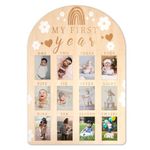 Baby Picture Frame, My First Year Photo Display Wood Board Personalized 12 Months Newborn Photo Frame for Boy Girl Baby Birthday Nursery Decorations