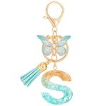 MWOOT Cute Initial Letter S Keyrings Green Key Ring,Capital Alphabet Gold Foil Resin Keychain Charm with Butterfly Tassel Pendant,Fashion Key Chain for Women Adult Gift Purse Bag Handbag Decor(S)