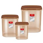 MILTON Quadra Modular Multi-Purpose Plastic Containers with Lid, Set of 3 (6L, 8L, 12L) Kitchen Storage Container Set for Spices, Atta, Grains Organizers, Transparent Dabba, Brown