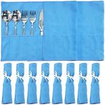 ikaufen 10PCS Anti Tarnish Silver Protector Bags Blue Holder for Silverware Flatware Storage Organizer Cloth Place Setting Roll with White Ribbon for Kitchen Utensils