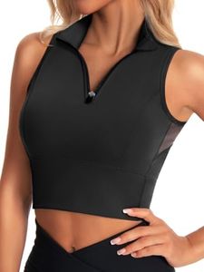 AARYA Cropped Workout Tank Tops for Women Built in Bra Half Zip High Neck Sports Bras Medium Support Sleeveless Athletic Top Black XS