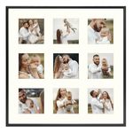 Golden State Art, 4x4 Aluminum Collage Frame, Displays 4 x 4 Pictures With 9 Openings Mat or One 16x16 Photo, Real Glass, Wall Display, Black, 1 Pack