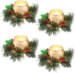 Tioncy 8 Pieces Christmas Votive Candle Holders with Pinecone Berry Candle Wreath Ring Glass Gold Tea Light Candle Holders Christmas Candle Rings for Home Table Wedding Christmas Party Decor