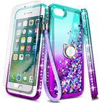 NGB Compatible for iPhone 8 Plus Case, iPhone 7 Plus /6 Plus /6S Plus with Tempered Glass Screen Protector, Ring Holder, Girls Women Kids Liquid Bling Sparkle Glitter Cute Case (Aqua/Purple)