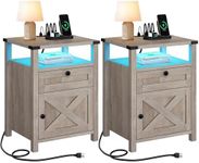 YITAHOME Farmhouse Nightstand with LED Lights & Charging Station, Night Stands with Drawer for Bedroom, End Side Table Bedside Table with Storage Cabinet, X-Design, Set of 2, Rustic Grey