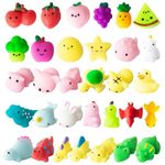 32Pcs Mochi Squishy Toys, Stress Relief Sensory Fidget Toys, Mini Kawaii Animals Fruits Squeeze Toy Soft Squishies Pack for Kids & Adults, Easter Basket Stuffers Gifts, Easter Egg Fillers