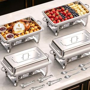 Chafing Dishes for Buffet, 4 Pack 9QT Stainless Steel Rectangular Buffet Servers and Warmers, Buffet Warmer Set with 4 Serving Tongs&Spoons, Food Warmers for Parties, Weddings, Catering Events