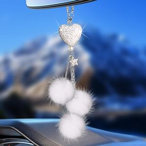 Bling Car Accessories Interior for Women - Girly Crystal Car Rearview Mirror Decor, Cute Rinestones Para Carro de Mujer, Car Mirror Decor Love Heart [White Fuzzy Plush Ball]