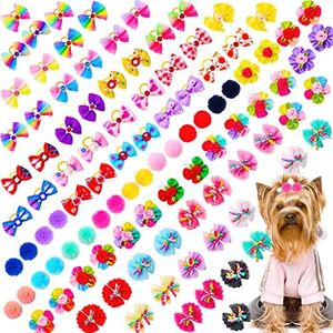 Mruq pet 100pcs Dog Hair Bows, Bulk Pet Small Dog Bows Girl with Rubber Bands, Tiny Dog Hair Grooming Bows, Mix Dainty Puppy Dog Bows, Handmade Yorkie Dog Bows for Dog Hair Accessories