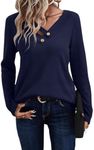 YSYOKOW Womens Long Sleeve Shirts Dressy Casual V Neck Tops Basic Loose Blouses Tunic(Navy Blue, Small)