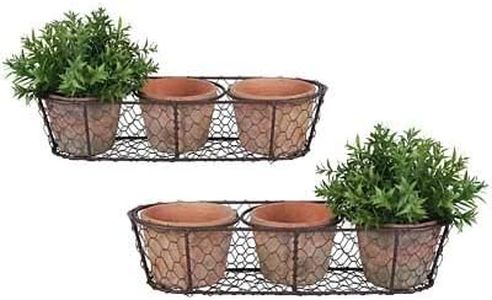 Set of 2 Esschert Design Aged Terracotta Triple Flower Pots with Baskets
