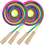 16 FT Long Jump Rope for Kids, 2 Pack Adjustable Double Dutch Skipping Rope with Wooden Handle, Multiplayer Rainbow Jumping Rope for Outdoor Fun, School Sport, Party Game