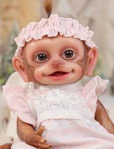 Cloveray 13 Inch Silicone Monkey Baby Doll, Full Body Solid Platinum Silicone Reborn Monkey with Long Tail, Joyful Open-Mouth Smile, Hand Rooted Hair and 2 Outfits, Gift for Kids Ages 3+