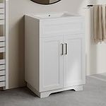 OLD CAPTAIN Bathroom Vanity with Ceramic Sink, Wooden Double Door Bathroom Storage Vanity with 24 Inch, Small Quick Assembly Bathroom Cabinet, White