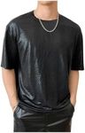 OYOANGLE Men's Oversized PU Leather Printed Short Sleeve Round Neck Longline Tee Shirt Tops Black S