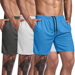 COOFANDY Men's 3 Pack Gym Workout Shorts Mesh Weightlifting Squatting Pants Training Bodybuilding Jogger with Pocket,Light Blue/White/Dark Grey,Medium