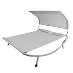 Patio Double Chaise Lounge Bed with Canopy,Headrest Pillow and Wheels,Portable Outdoor Hammock Bed for Patio, Yard, Pool (Grey)