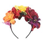 Women Day of The Dead Headband Artificial Rose Flower Crown Mexican Halloween Festival Headpiece Colorful Fake Stamen Party Hair Hoop