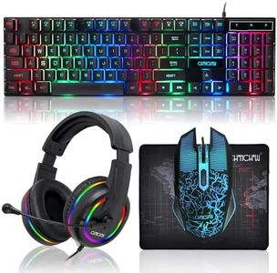 Gaming LED Keyboard Mouse Headset and Mousepad Bundle, CHONCHOW Wired Rainbow LED Light Up Gaming Keyboard Mouse Headset, Value 4 in 1 Game Set for Xbox PS4 PS5 PC Laptop Gamer