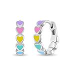 925 Sterling Silver Tiny Multicolor Enamel Heart Huggie Hoop Earrings For Girls - Adorable and Small Heart Themed Hoops For Sweet Little Girls - Lovely Rainbow Enamel Heart Earrings For Girls