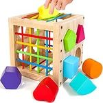 HELLOWOOD Montessori Wooden Shape Sorter Cube for 12+ Months Babies with 14PCS Colorful Multisensory Blocks, Early Development Learning Activity Cube for Toddlers 1-3, Gift for Boys & Girls