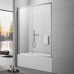 Sunrosa Framed Tub Shower Door 59"×60", Single Sliding Shower Door with Handle, Bathtub Shower Door with Tempered Glass, Glass Shower Door for Bathtub in Chrome