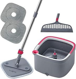 True & Tidy® True Clean Mop and Bucket System, Includes Square Spin Mop, Dual Compartment Mop Bucket and 2 Thick Machine Washable Mop Pads, Extra Squeegee Sweeper Mop Head