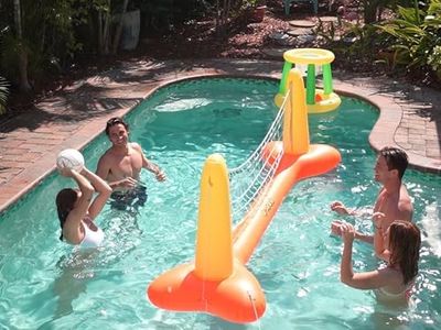 G-Loco Inflatable Pool Volleyball Set & Pool Basketball Hoops; 2 Balls Included, Pool Games for Adults and Family, Volleyball Court (120"x30"x38"), Basketball Hoop (26.4"x21.7")