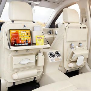 FASTAGEI 2 Pack Universal Premium Leather Foldable Car Backseat Organizer with Table Tray, Car Seat Back Protector with Garbage Bag Touch Screen Pad Holder, Car Kick Mats with Tissue Box (Beige)