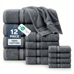 Luxury Bath Towels Set - 12 Piece Set, 100% Cotton Bathroom Towels, Zero Twist, Shower Towels, Absorbent Bath Towel, Super Soft, 4 Bath Towels, 4 Hand Towels, 4 Wash Cloths - Cool Grey