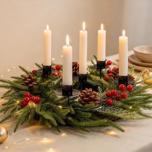 Christmas Advent Wreath Candle Holder, 17.7 Inch With 5 Black Taper Holders | Xmas Wreath Ring Table Centerpiece, Pinecones & Red Berries, Winter Holiday Decoration for Home Church, Candles Not Included