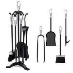 Amagabeli 5 Pieces 25.2"(64cm) Fireplace Tools Sets Silver Handles Black Wrought Iron Fireplace Accessories Indoor Fireplace Tools Iron Log Holder Fire Pits Stand Tongs Shovel Brush Poker Wood Stove